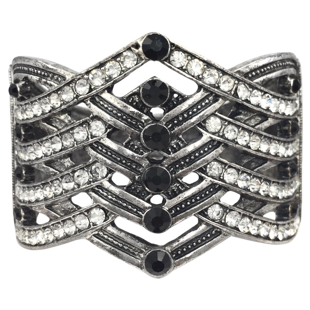 Chunky Silver Rhinestone Statement Hinged Clamp Bracelet